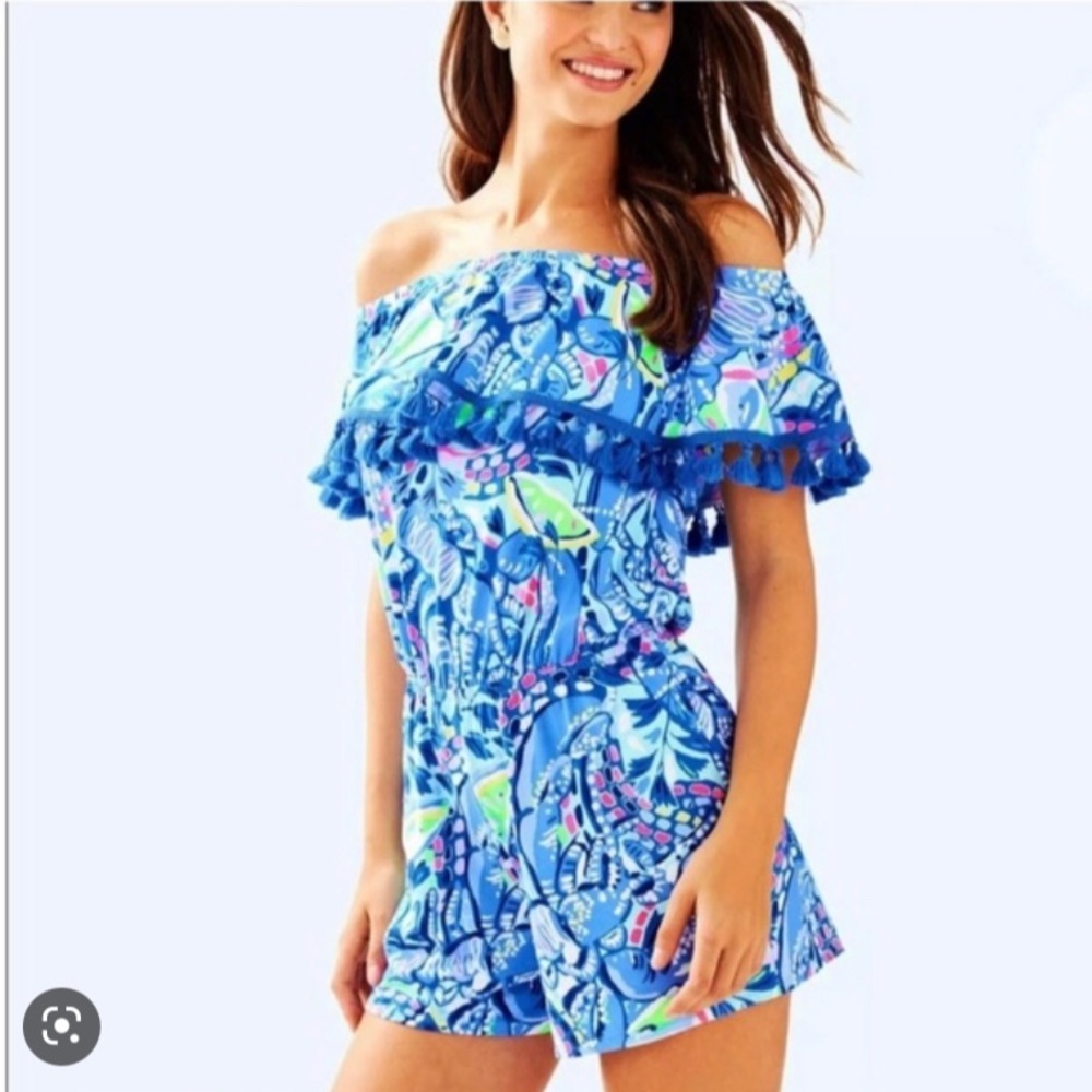 Lilly Pulitzer La Fortuna Tropical Off Shoulder Tassel Romper Size M.